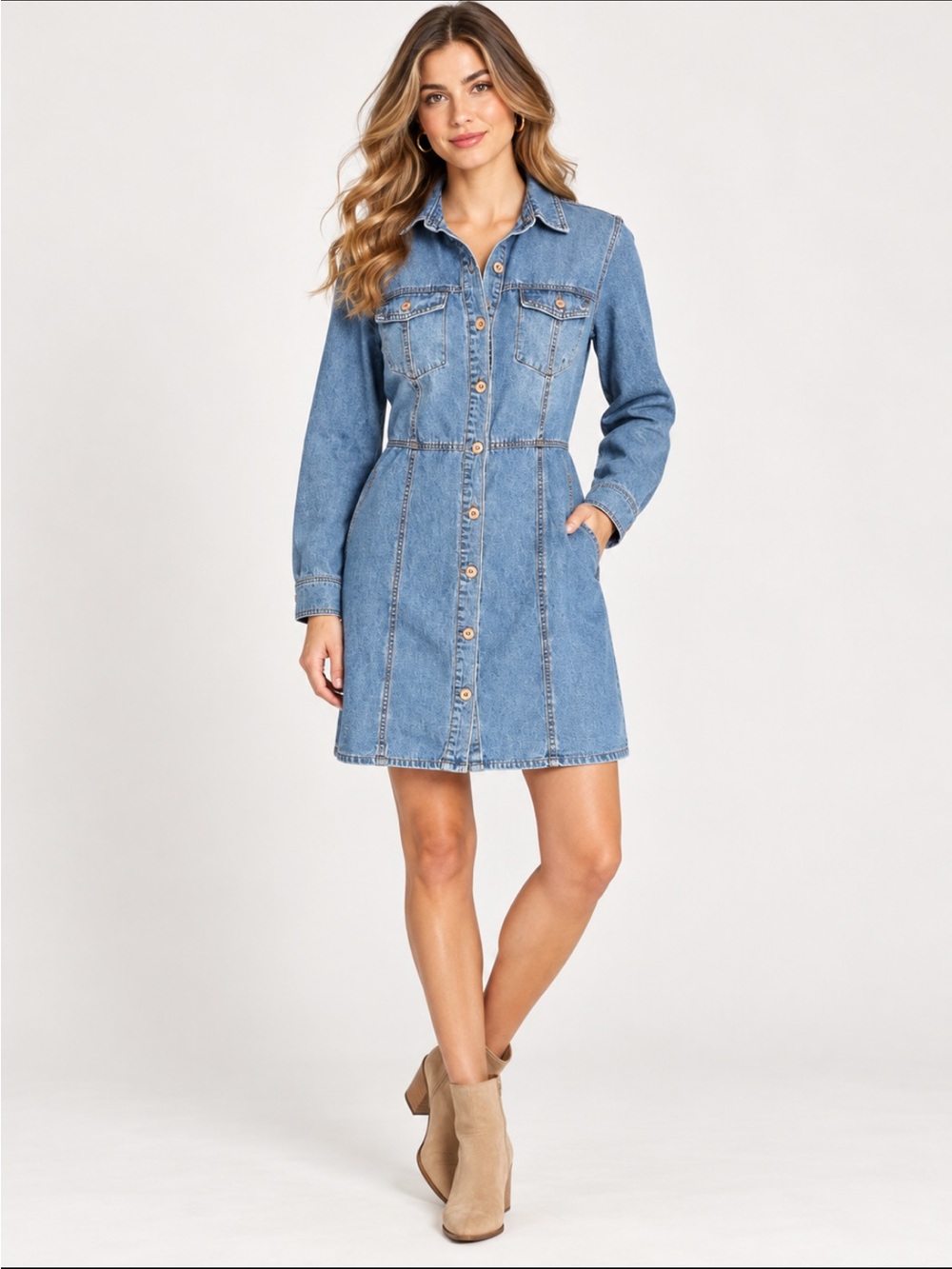 FRYE NWOT Women’s Denim Button Front Dress, Chest & Side Pockets 😍 - Picture 1 of 7